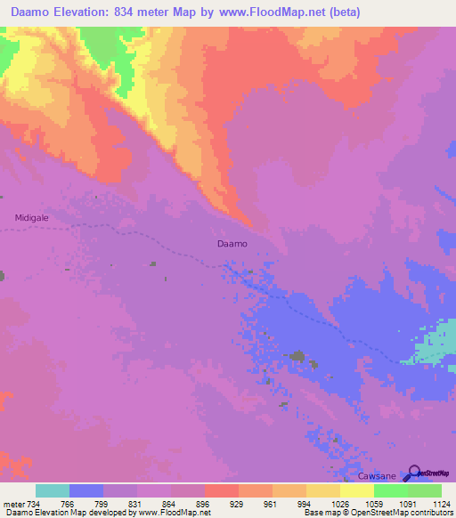 Daamo,Somalia Elevation Map