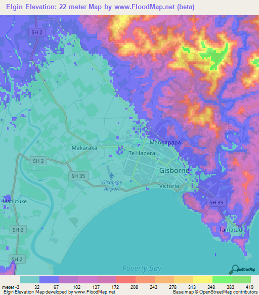 Elgin,New Zealand Elevation Map
