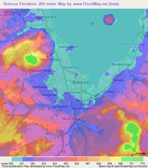 Rotorua,New Zealand Elevation Map