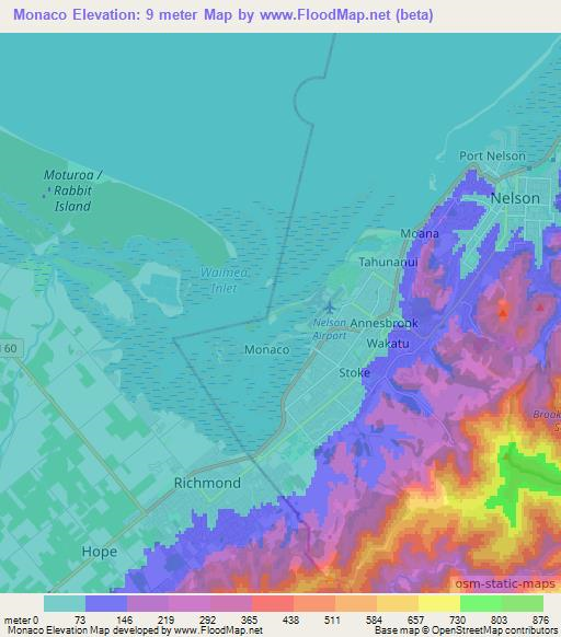 Monaco,New Zealand Elevation Map