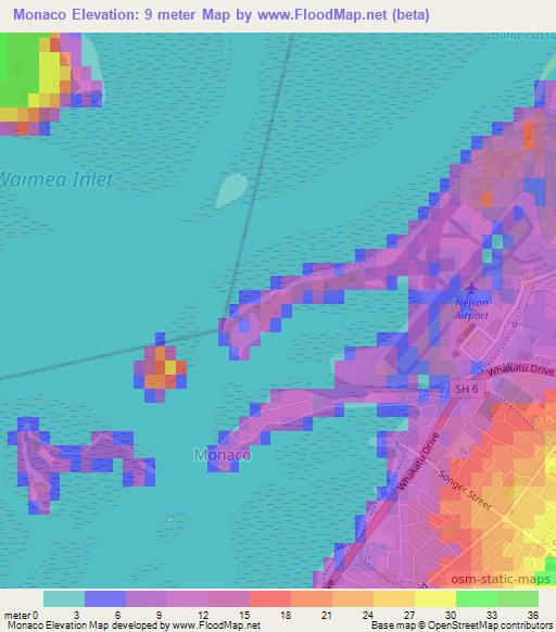 Monaco,New Zealand Elevation Map