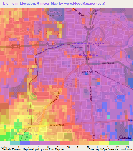 Blenheim,New Zealand Elevation Map