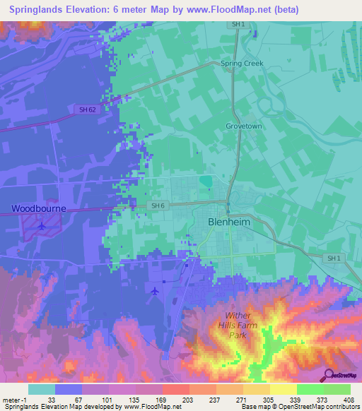 Springlands,New Zealand Elevation Map