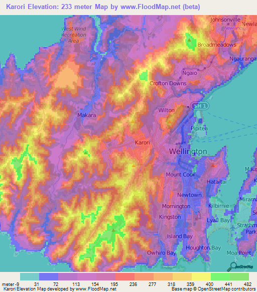 Karori,New Zealand Elevation Map