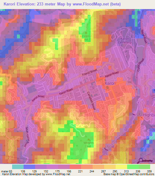 Karori,New Zealand Elevation Map