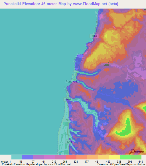 Punakaiki,New Zealand Elevation Map