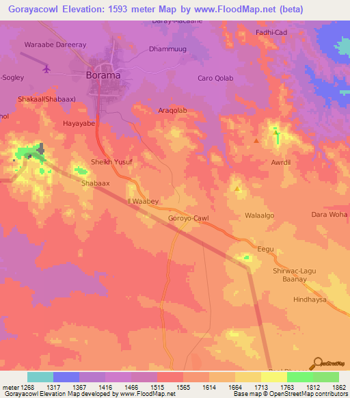 Gorayacowl,Somalia Elevation Map