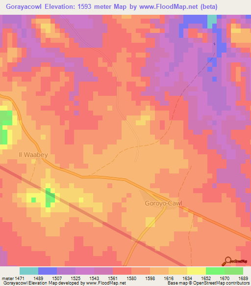 Gorayacowl,Somalia Elevation Map