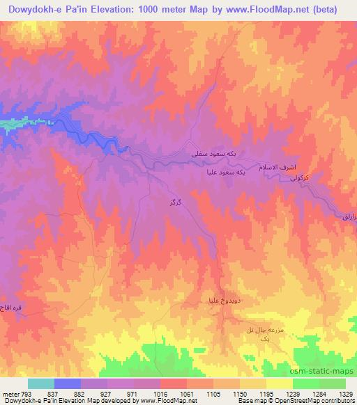 Dowydokh-e Pa'in,Iran Elevation Map