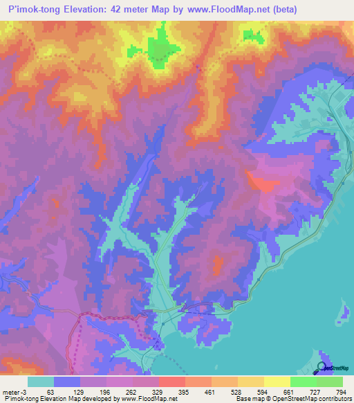 P'imok-tong,North Korea Elevation Map