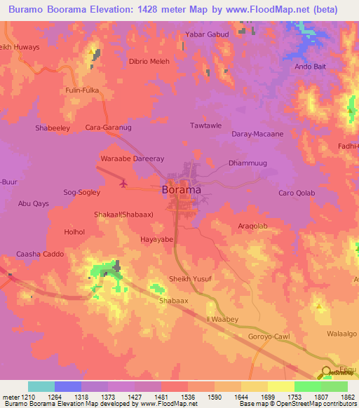 Buramo Boorama,Somalia Elevation Map