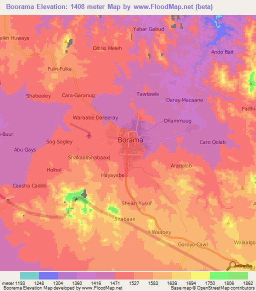 Boorama,Somalia Elevation Map