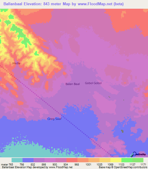 Ballanbaal,Somalia Elevation Map