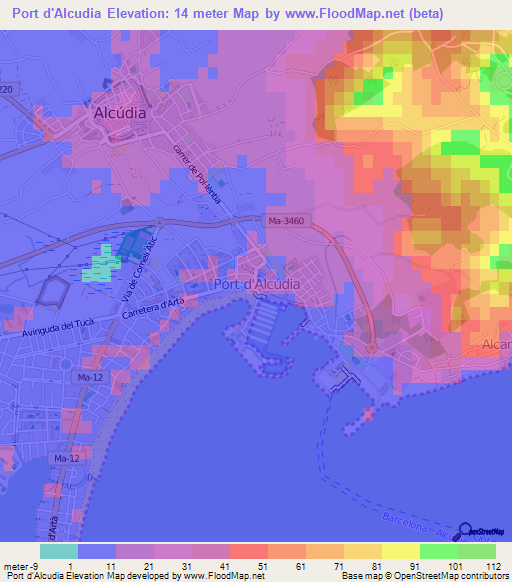 Port d'Alcudia,Spain Elevation Map