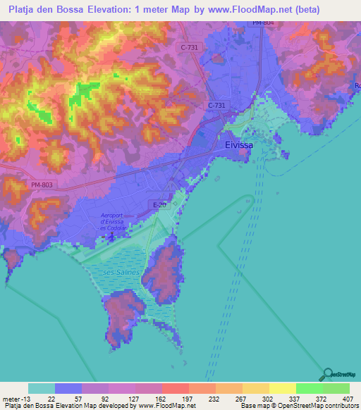 Platja den Bossa,Spain Elevation Map