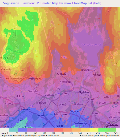 Sognsvann,Norway Elevation Map