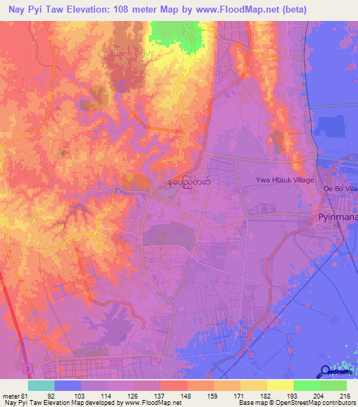 Nay Pyi Taw,Myanmar Elevation Map