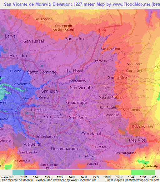 San Vicente de Moravia,Costa Rica Elevation Map