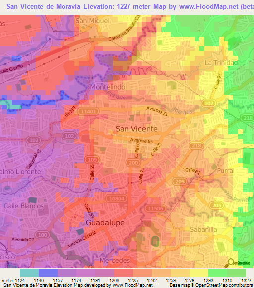 San Vicente de Moravia,Costa Rica Elevation Map