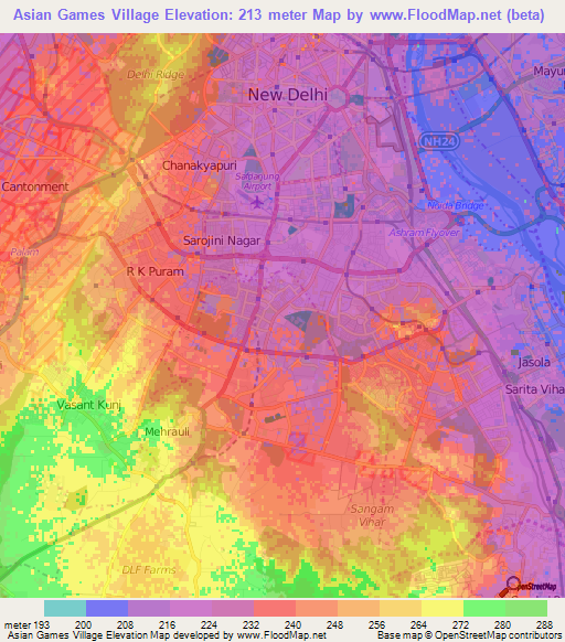 Asian Games Village,India Elevation Map