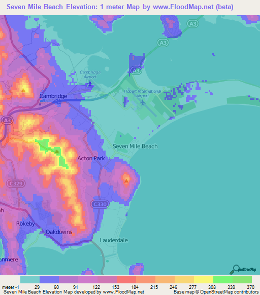 Seven Mile Beach,Australia Elevation Map