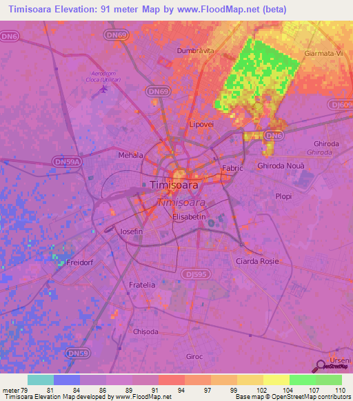 Timisoara,Romania Elevation Map