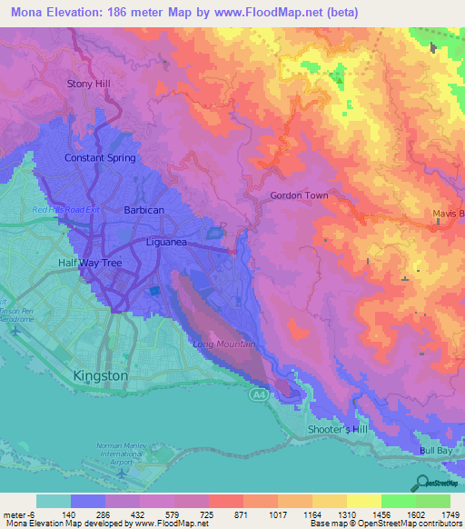 Mona,Jamaica Elevation Map