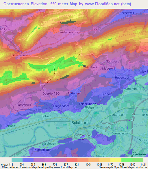 Oberruettenen,Switzerland Elevation Map