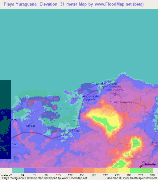 Playa Yuraguanal,Cuba Elevation Map