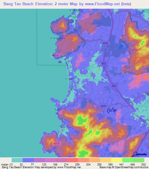 Bang Tao Beach,Thailand Elevation Map