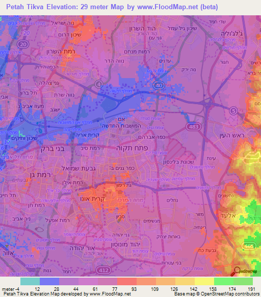 Petah Tikva,Israel Elevation Map