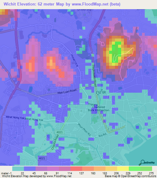 Wichit,Thailand Elevation Map
