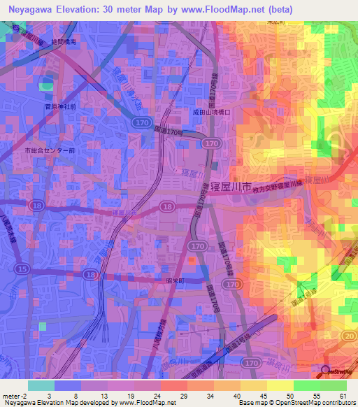 Neyagawa,Japan Elevation Map