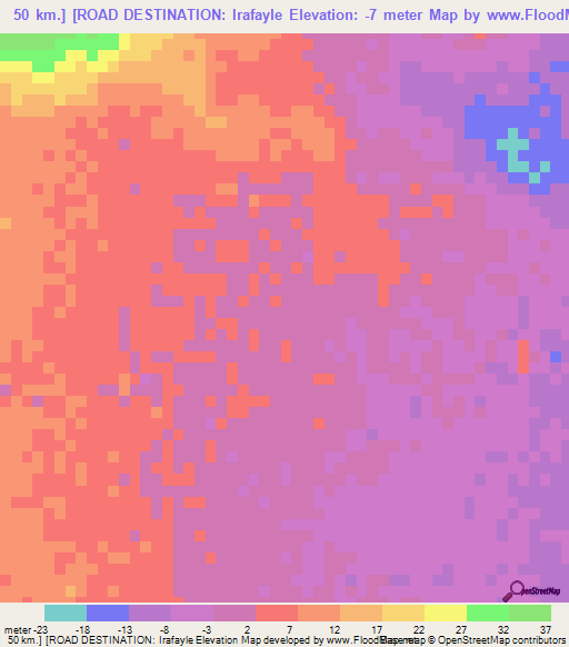 50 km.] [ROAD DESTINATION: Irafayle,Eritrea Elevation Map
