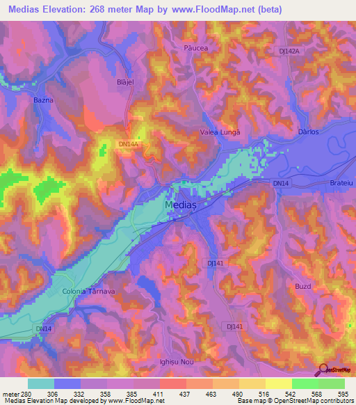 Medias,Romania Elevation Map