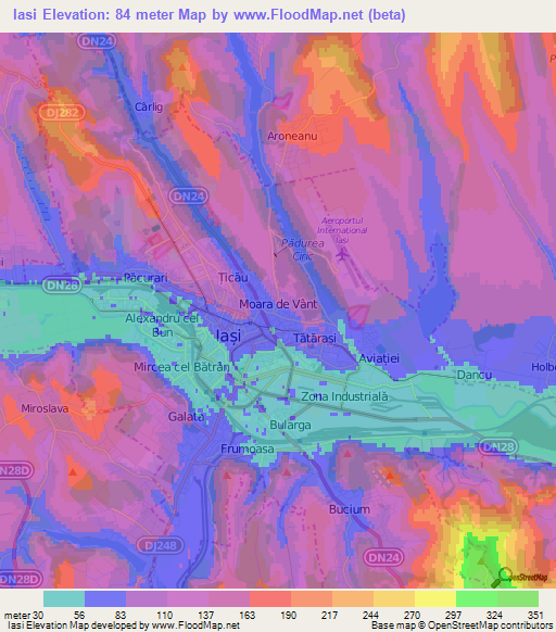 Iasi,Romania Elevation Map