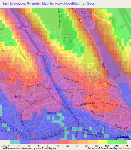 Iasi,Romania Elevation Map