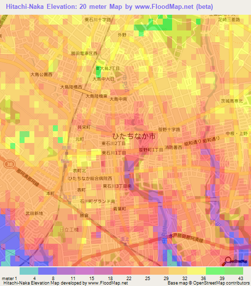 Hitachi-Naka,Japan Elevation Map