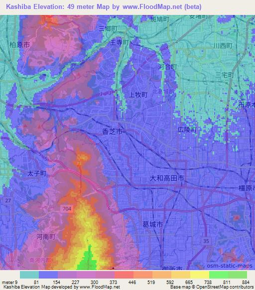 Kashiba,Japan Elevation Map