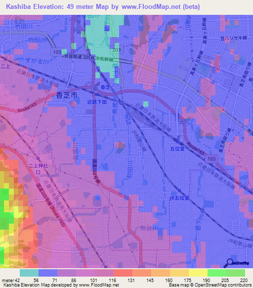 Kashiba,Japan Elevation Map