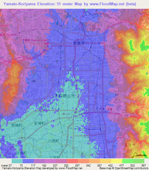 Yamato-Koriyama,Japan Elevation Map