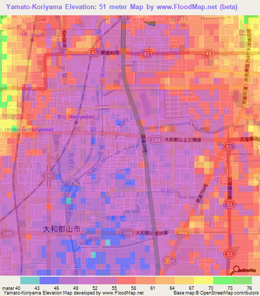 Yamato-Koriyama,Japan Elevation Map