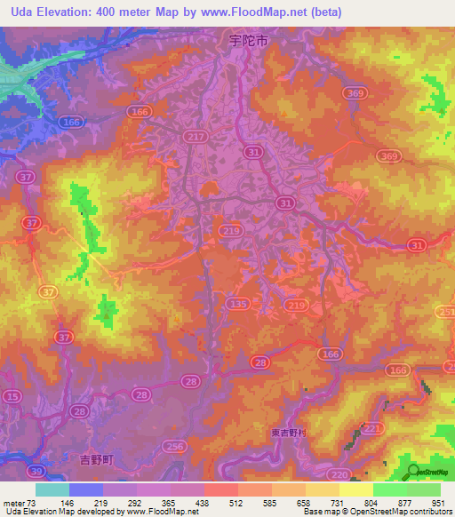 Uda,Japan Elevation Map