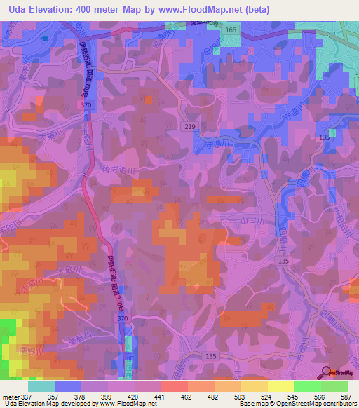 Uda,Japan Elevation Map