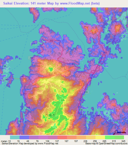 Saikai,Japan Elevation Map