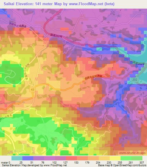 Saikai,Japan Elevation Map