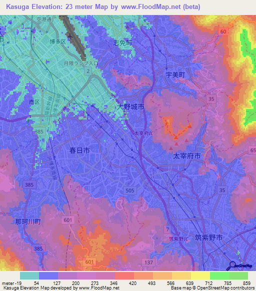 Kasuga,Japan Elevation Map