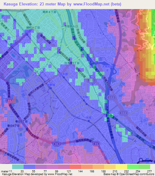 Kasuga,Japan Elevation Map