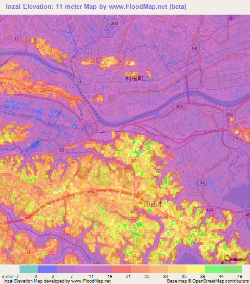 Inzai,Japan Elevation Map