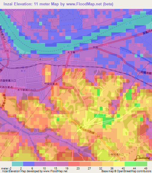 Inzai,Japan Elevation Map